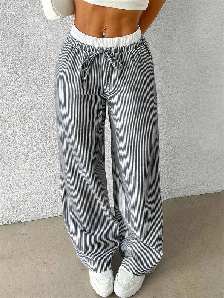 Dames gestreepte broek met wijde pijpen, elastische tailleband, trekkoord en geplooide look