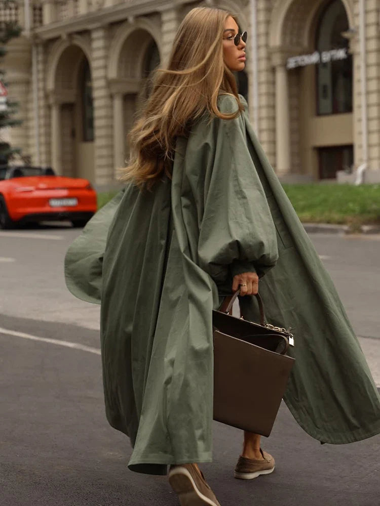 Damen Oversize Trenchcoat mit Ballonärmeln und Bindegürtel