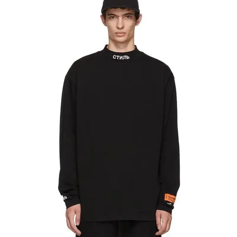 Heren shirt met lange mouwen, opstaande kraag, zwart met opschrift