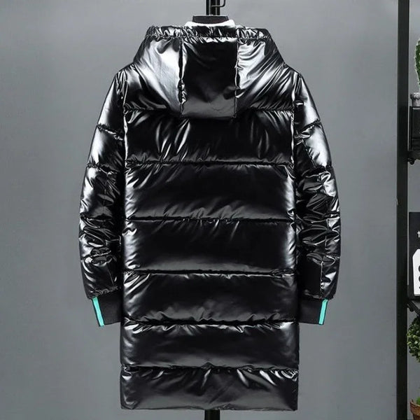 Herren Glänzender Steppmantel mit Kapuze und Reißverschluss Lange Winterjacke