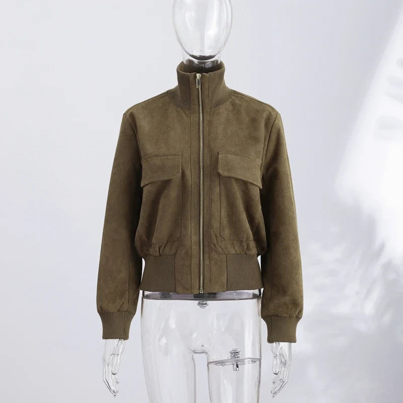 Damen Bomberjacke im Wildleder-Look mit Stehkragen und Reißverschluss