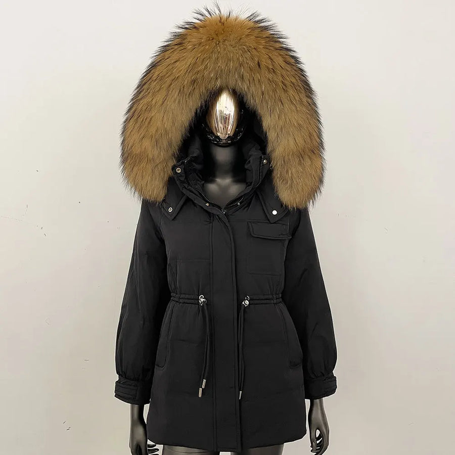 Damen Winterjacke Parka mit Kapuze Kunstfellbesatz Tunnelzug Creme