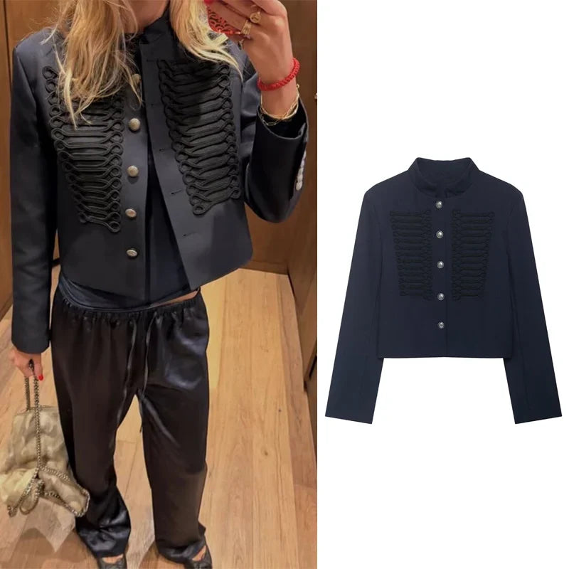 Kurze Militärjacke Damen Dunkelblau mit Stehkragen und Zierknöpfen