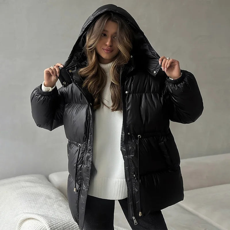 Damen Steppjacke mit Kapuze und Kordelzug, glänzend, warm