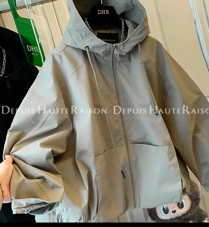 Damen Leichte Jacke mit Kapuze und Reißverschluss – Beige