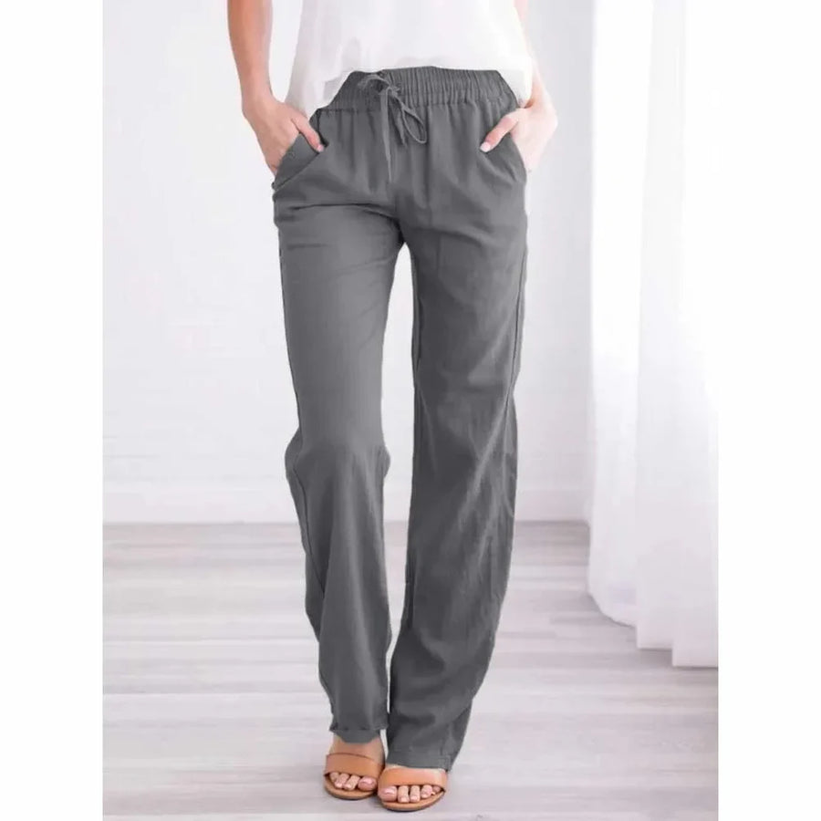 Damen Freizeithose Weites Bein Elastischer Bund Kordelzug Taschen