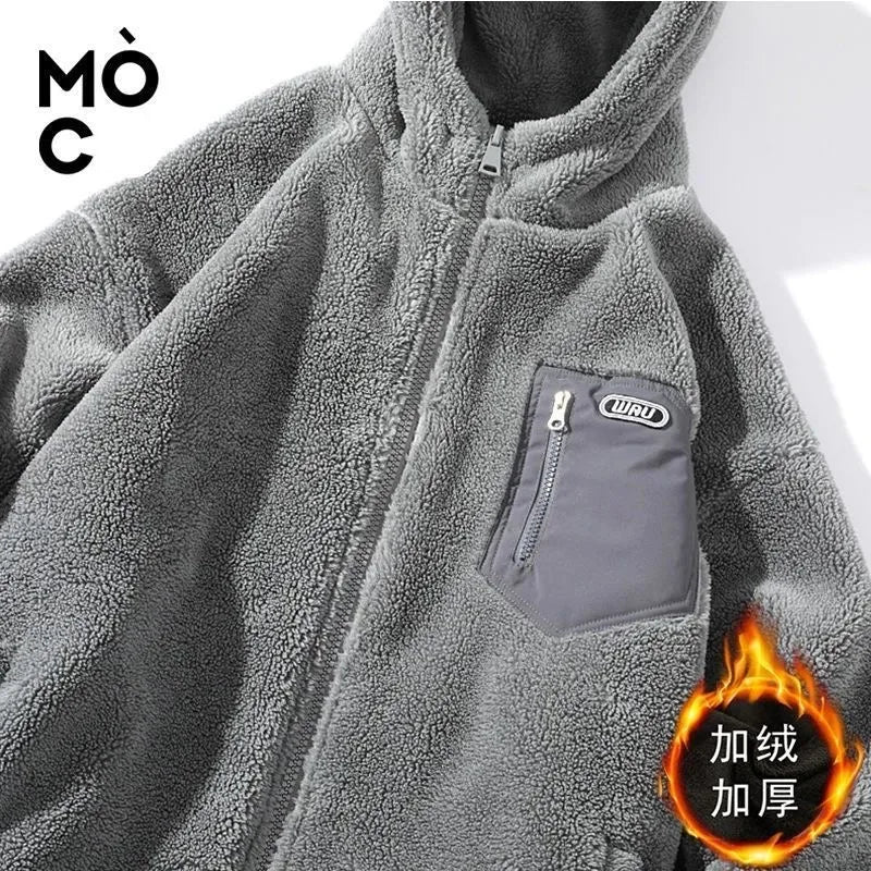 Unisex Teddyfleece Jacke mit Kapuze und Brusttasche Grau Reißverschluss