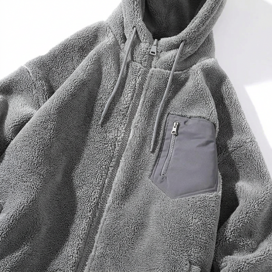Unisex Teddyfleece Jacke mit Kapuze und Brusttasche Grau Reißverschluss