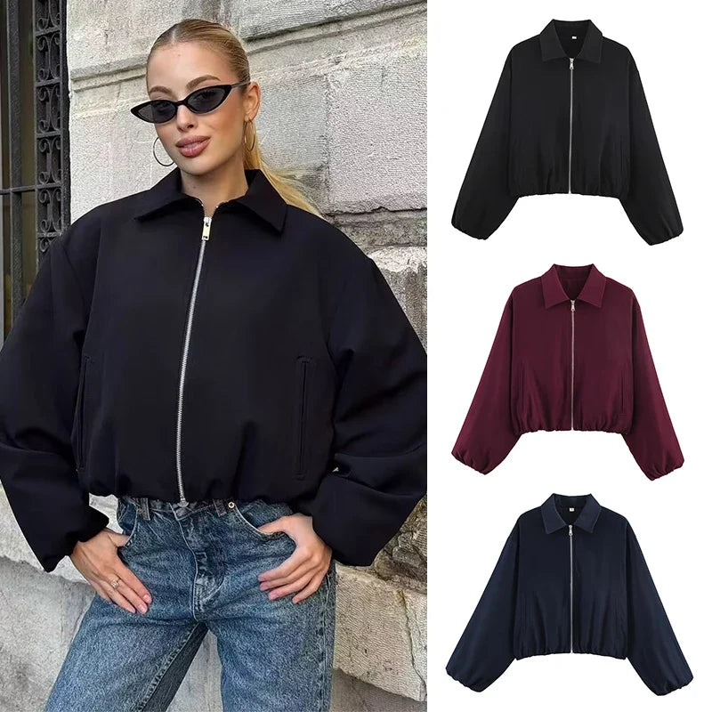 Damen Kurzjacke mit Reißverschluss, Kragen und Gummizugsaum