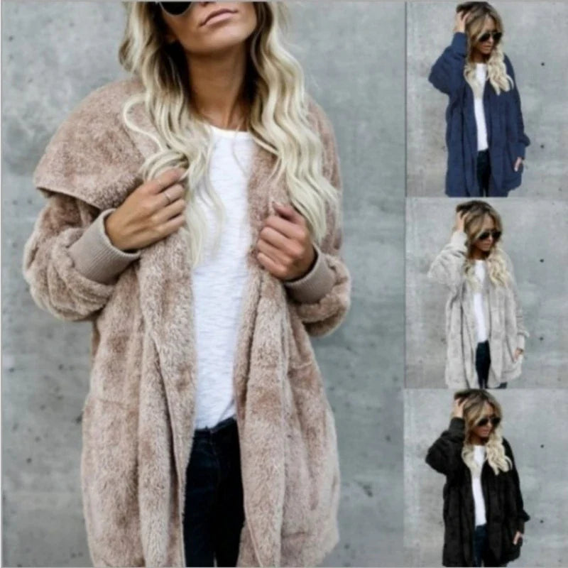 Damen Flauschige Strickjacke mit Kapuze und langen Ärmeln - Beigebraun