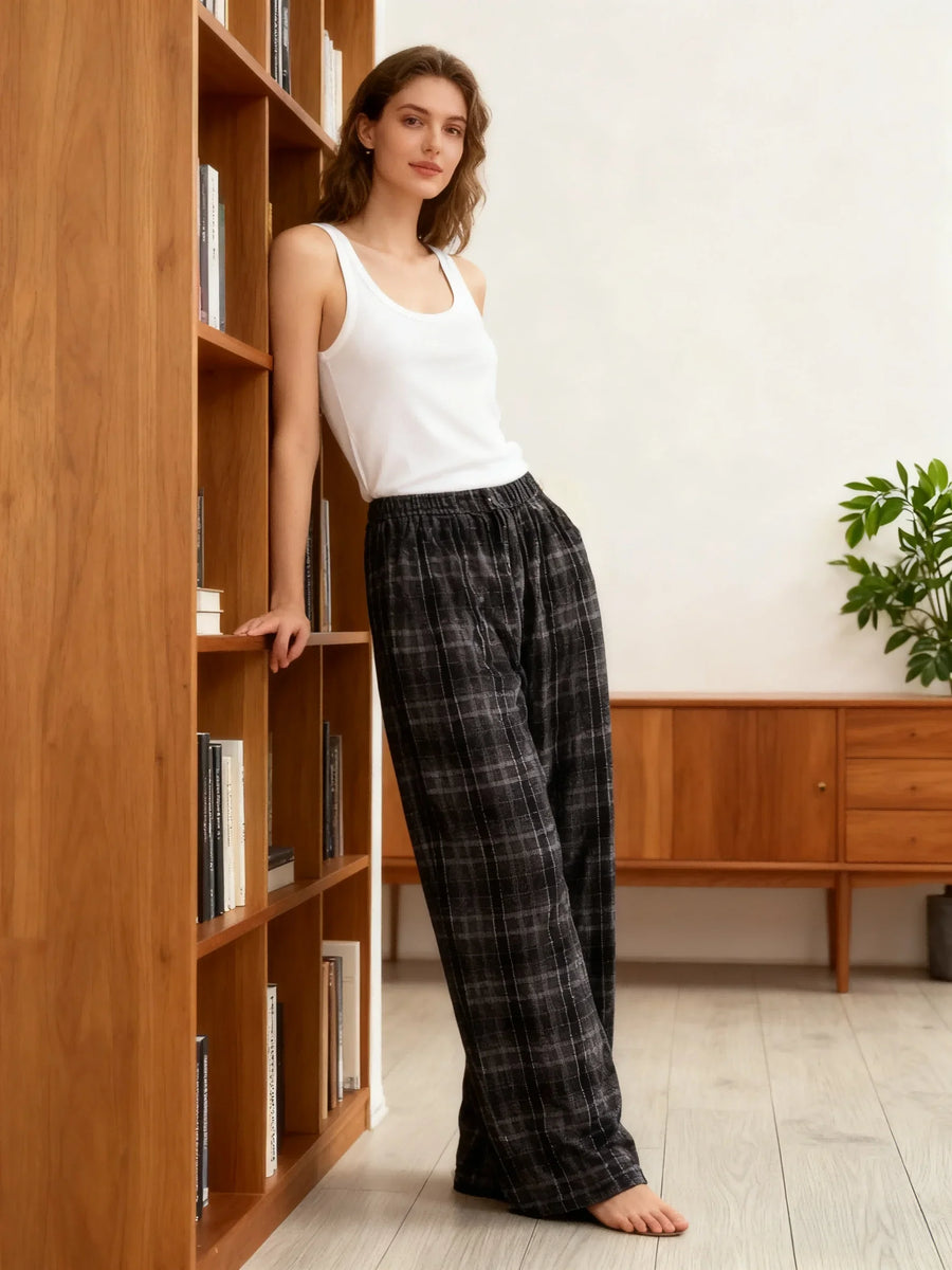 Geruite loungewearbroek voor dames met wijde pijpen in zwart-wit