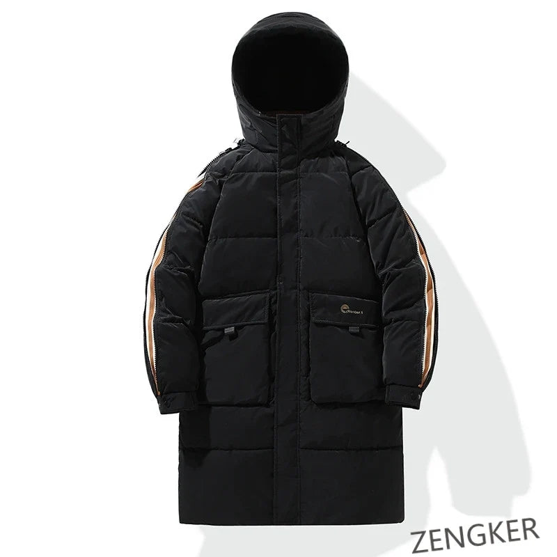 Herren Winterjacke Lang Schwarz Gesteppt mit Kapuze und Reißverschluss
