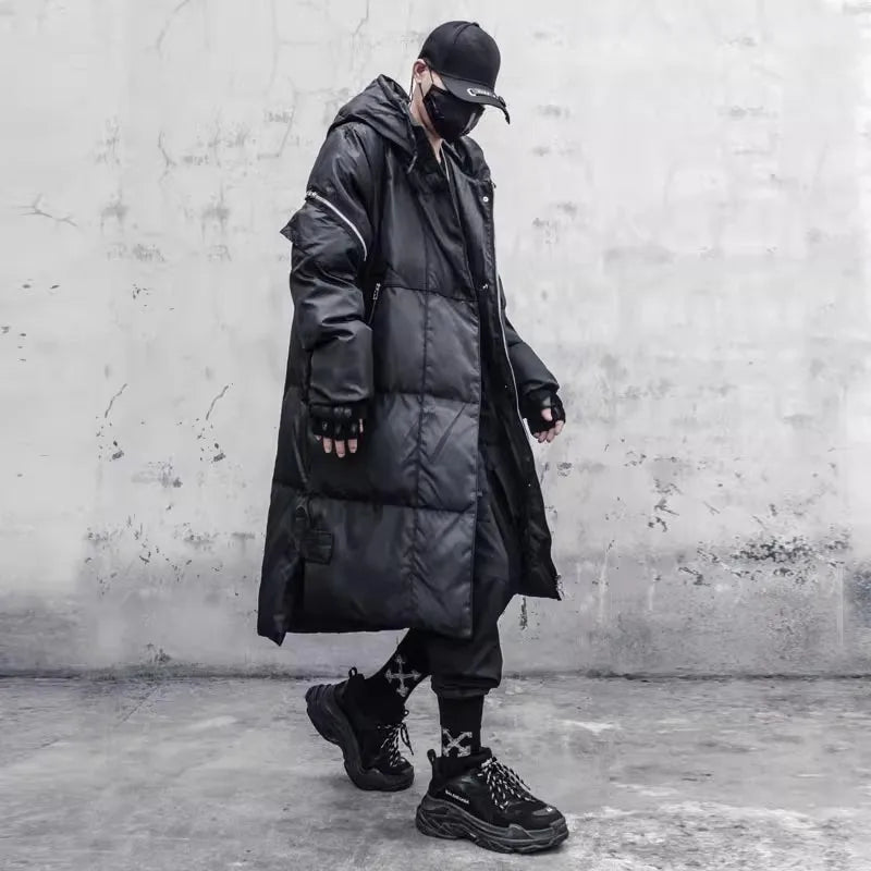 Unisex Langer Steppmantel mit Kapuze Schwarz