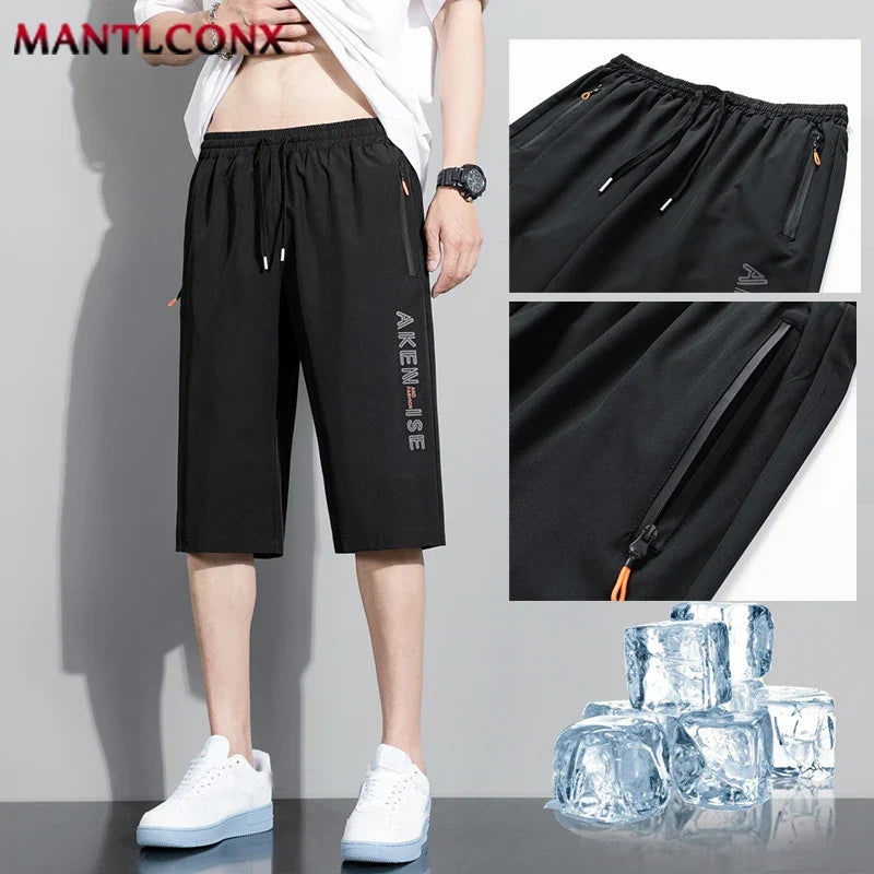 Herren 3/4 Sportshorts mit Reißverschlusstaschen & Kordelzug, Grau