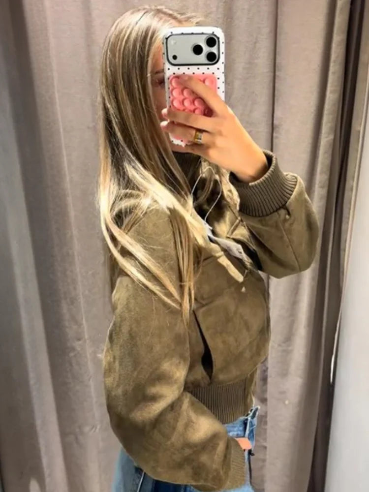 Kurze Bomberjacke Damen Reißverschluss Stehkragen