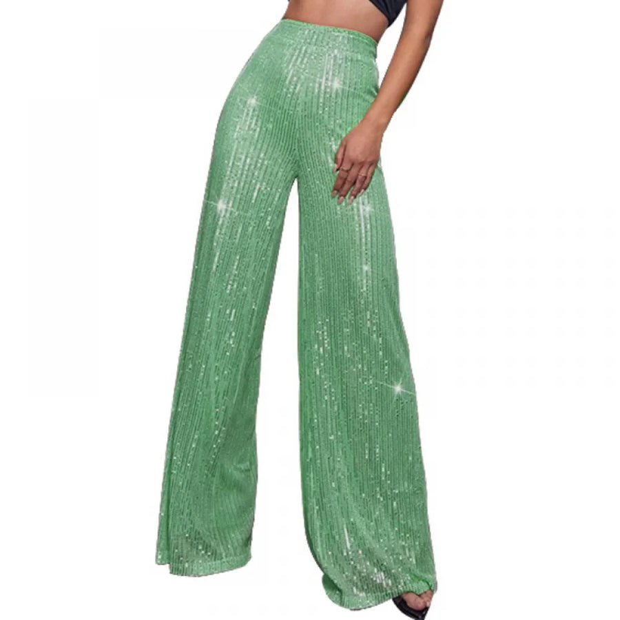 Damen Pailletten Schlaghose Hoher Bund Weites Bein Glitzernde Partyhose