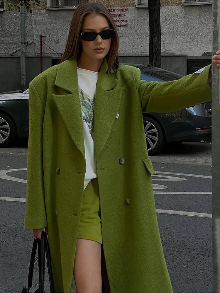 Damen Langer Oversize Mantel Zweireiher Grün