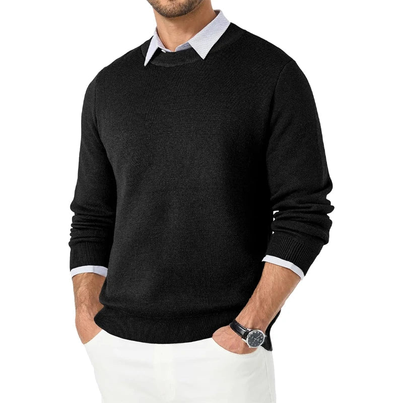 Heren trui met ronde hals – effen, lange mouwen, fijngebreide look