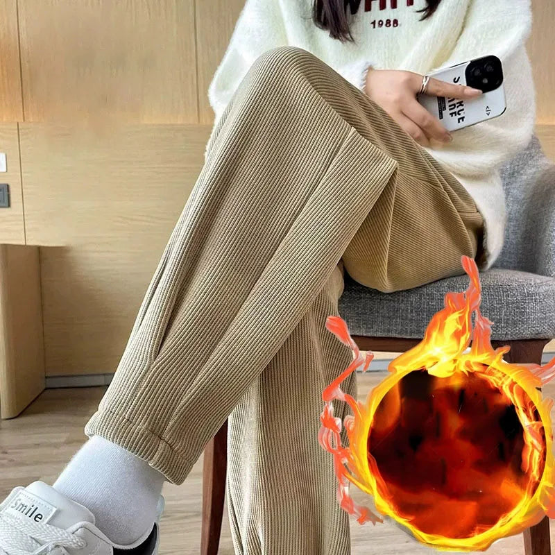 Uniseks corduroy winterbroek, comfortabel, gevoerd, warme vrijetijdsbroek, crème