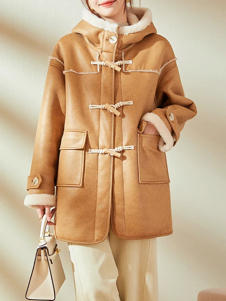 Damen Dufflecoat mit Kapuze und Knebelverschlüssen in Camel