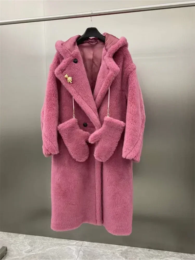 Damen Teddyfell Mantel mit Kapuze und Handschuhen, mittellang, Winter