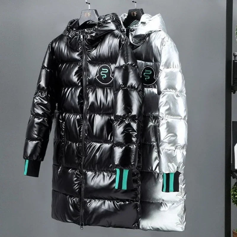 Unisex Glänzender Daunenmantel mit Kapuze – Schwarz oder Silber, Lang, Steppdesign