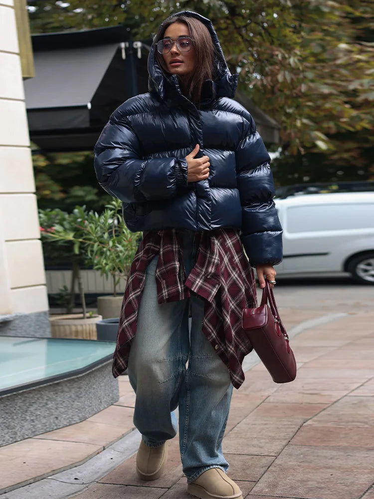 Damen Glänzende Pufferjacke mit Kapuze Kurz Daunenjacke
