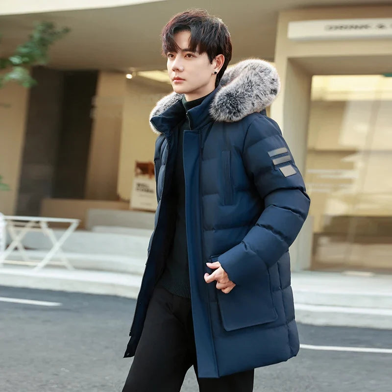 Herren Winterparka mit Kapuze Pelzbesatz Gepolsterte Lange Jacke