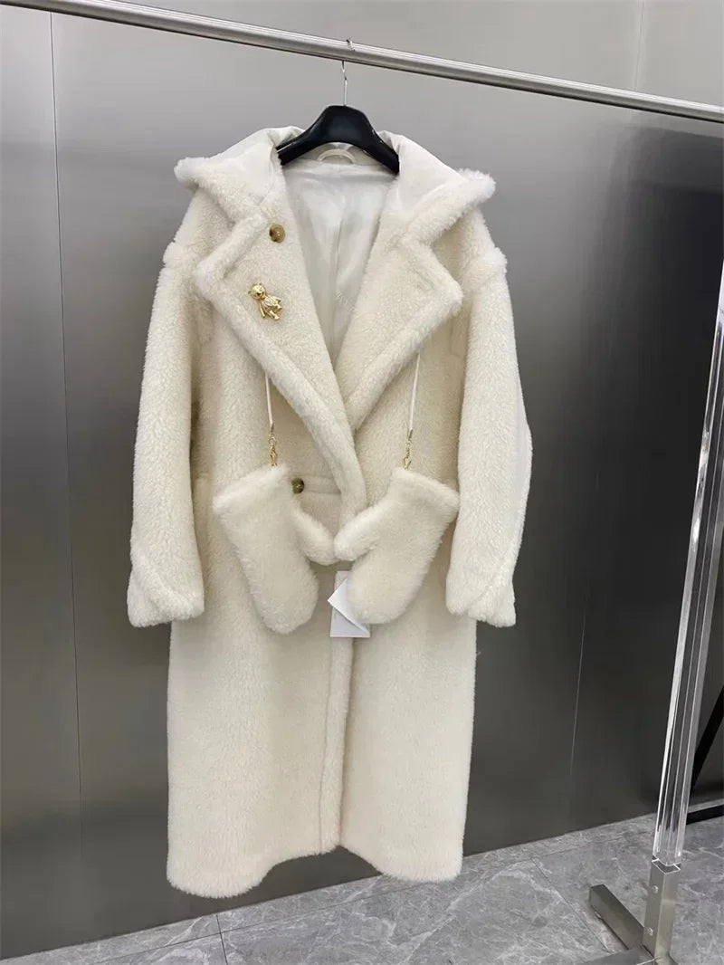 Damen Teddyfell Mantel mit Kapuze und Handschuhen, mittellang, Winter