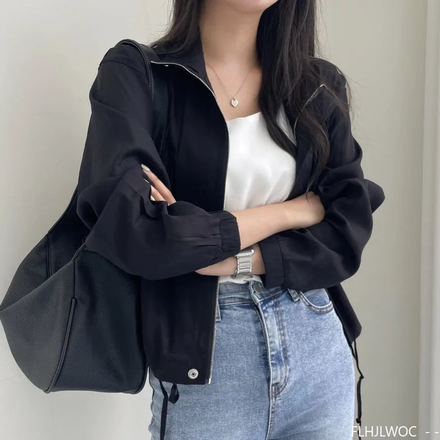Damen Leichte Jacke Beige mit Reißverschluss & Brusttaschen Stehkragen Kurz Blouson