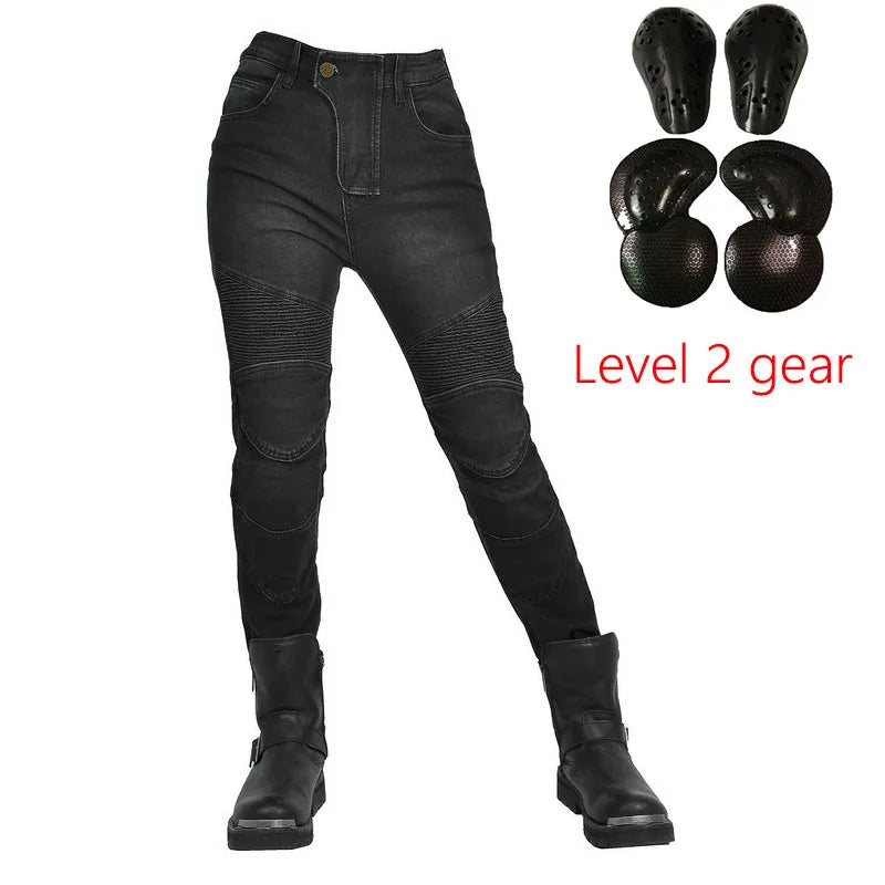Motorjeans voor dames met protectoren, beschermpads, ribpatroon en slim fit