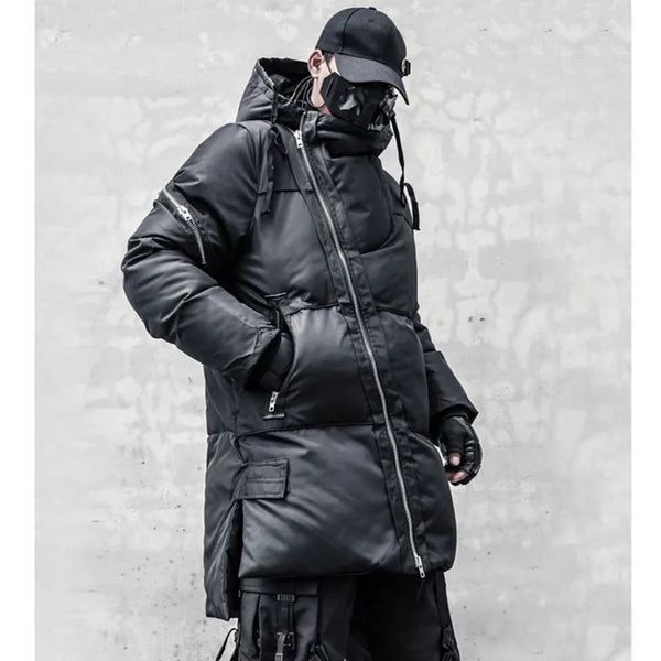 Schwarze Winterjacke für Herren mit Kapuze und asymmetrischem Reißverschluss, gepolstert