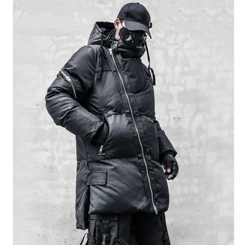 Schwarze Winterjacke für Herren mit Kapuze und asymmetrischem Reißverschluss, gepolstert