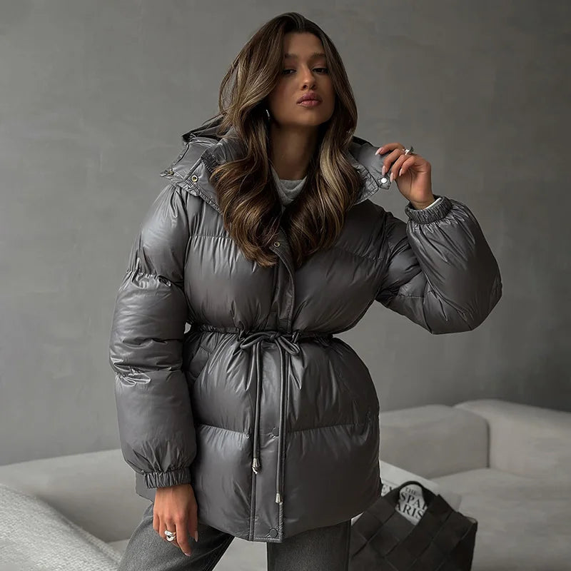 Damen Daunenjacke Winter Steppjacke mit Kapuze & Kordelzug