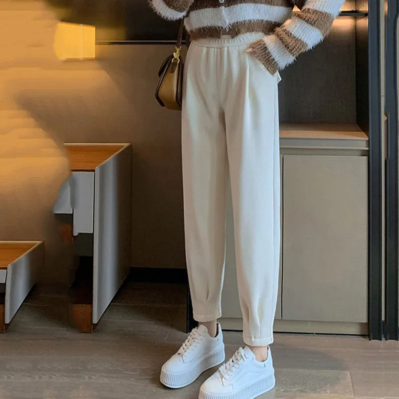 Uniseks corduroy winterbroek, comfortabel, gevoerd, warme vrijetijdsbroek, crème