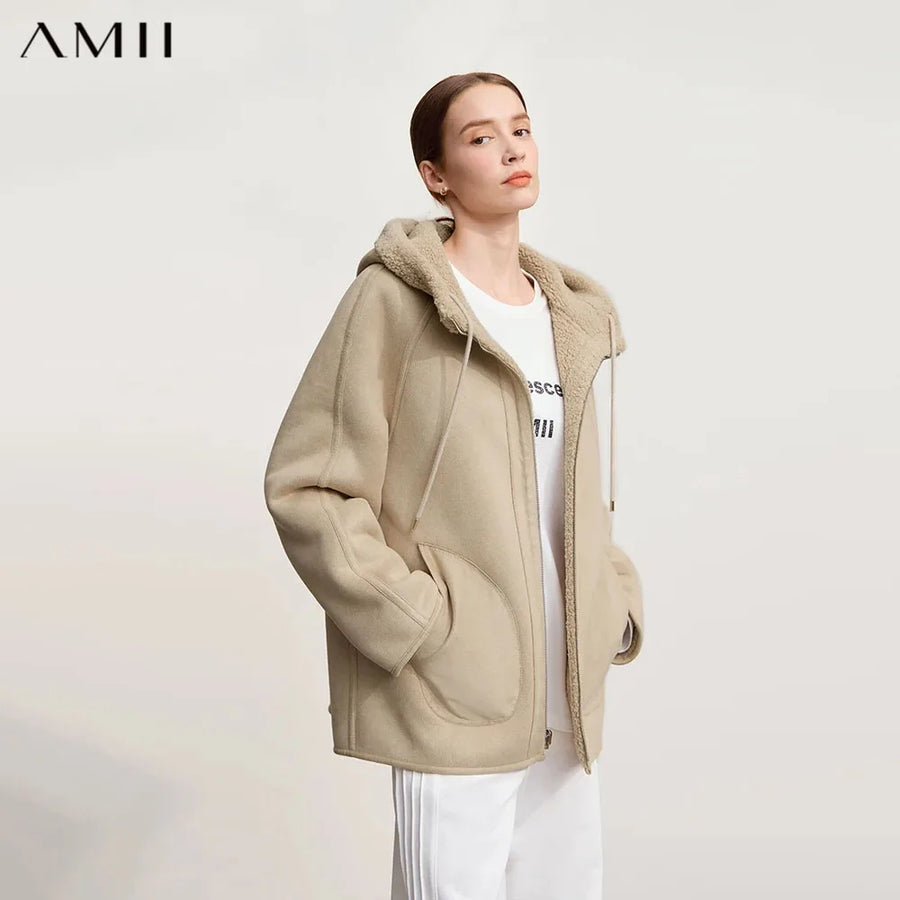 Damen Kapuzenjacke Teddyfleece Beige Übergangsjacke