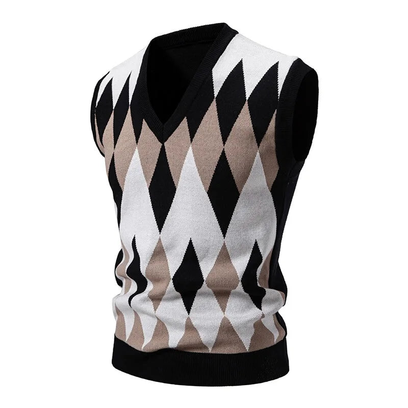 Heren Argyle-tricotvest met V-hals, mouwloze pullover