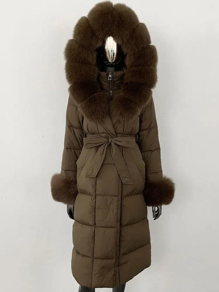Damen Daunenmantel Lang mit Kapuze und Pelzbesatz Gürtel Steppjacke Warm