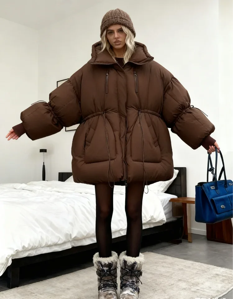 Damen Pufferjacke Oversize Braun Stehkragen Winterjacke