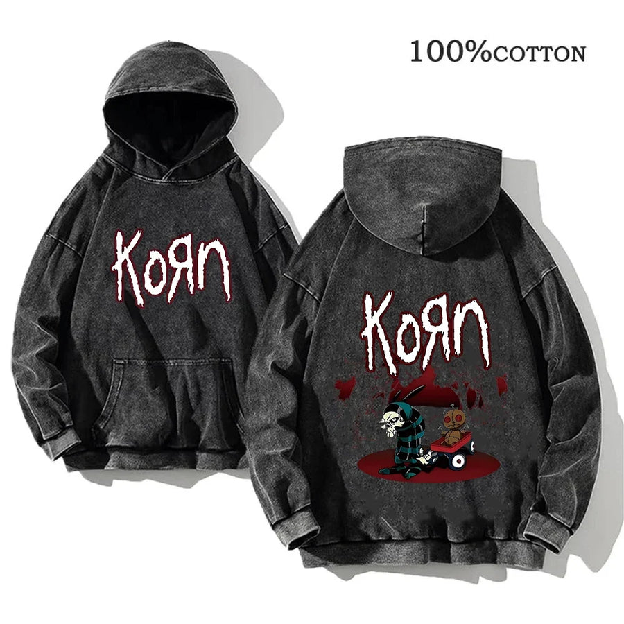 Korn Band Hoodie Unisex Washed Schwarz Kapuzenpullover Oversize