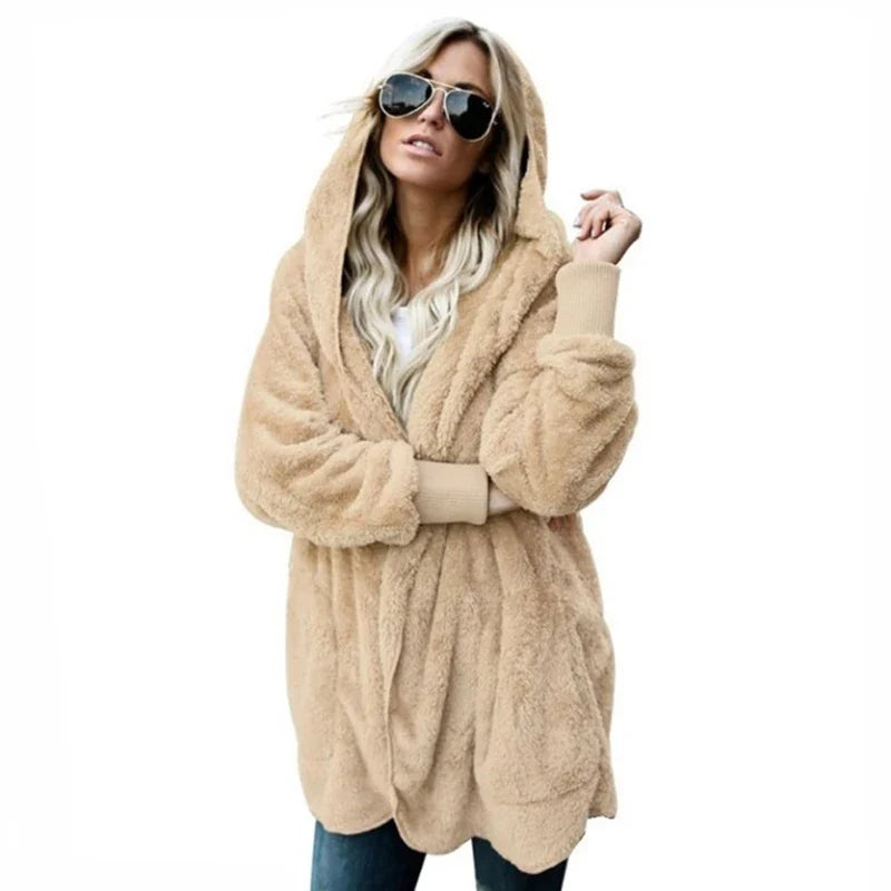 Damen Flauschige Strickjacke mit Kapuze und langen Ärmeln - Beigebraun