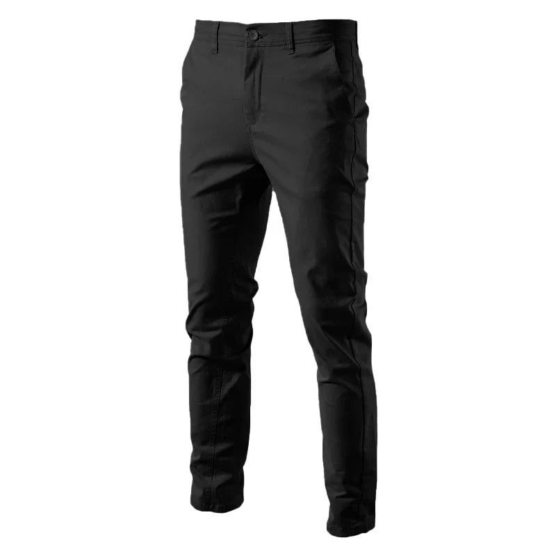 Chinobroek voor heren in kaki, slim fit casual broek met knoopsluiting
