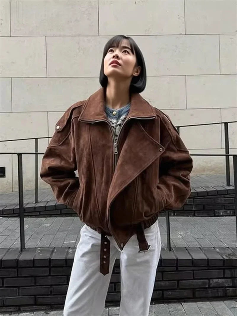 Bikerjacke Damen in Wildleder-Optik mit Reißverschluss und Gürtel