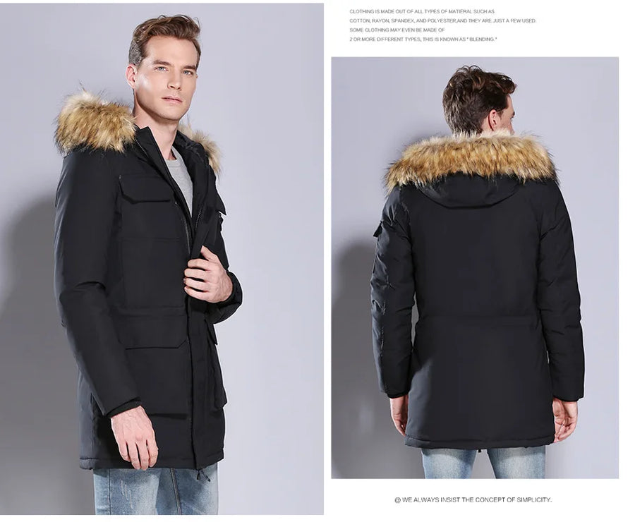 Herren Winterparka Schwarz mit Kapuze und Kunstfellbesatz