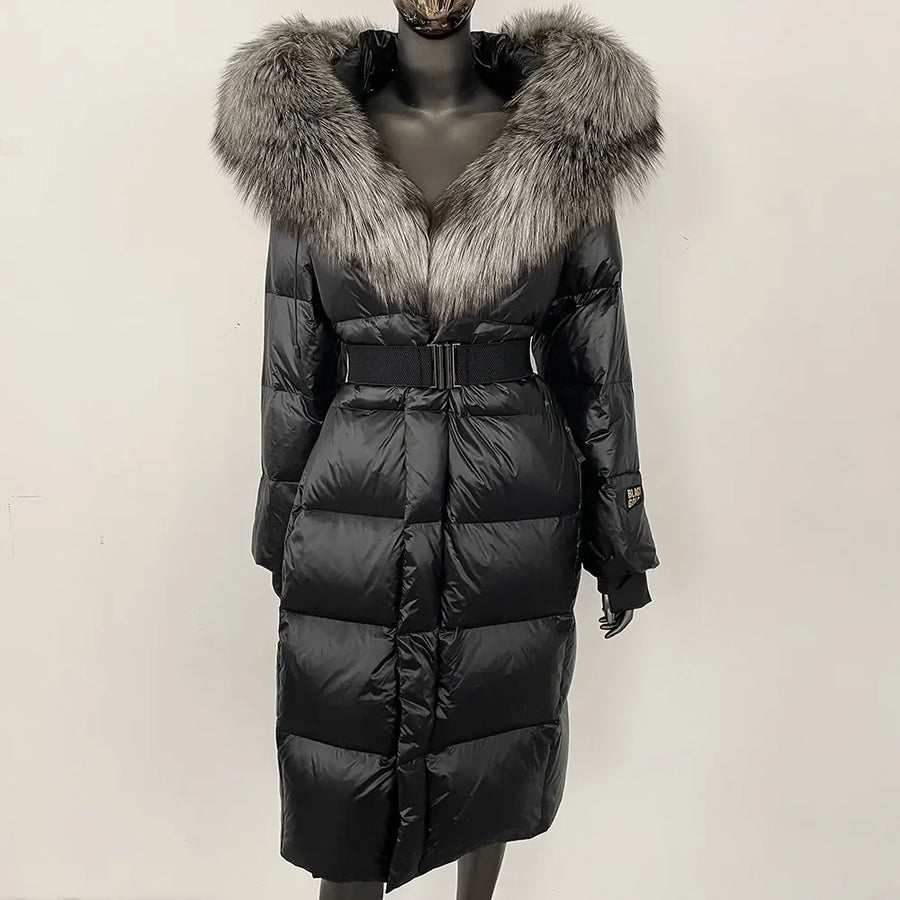 Damen Winter Steppmantel mit Kapuze und Fellkragen Schwarz Grau