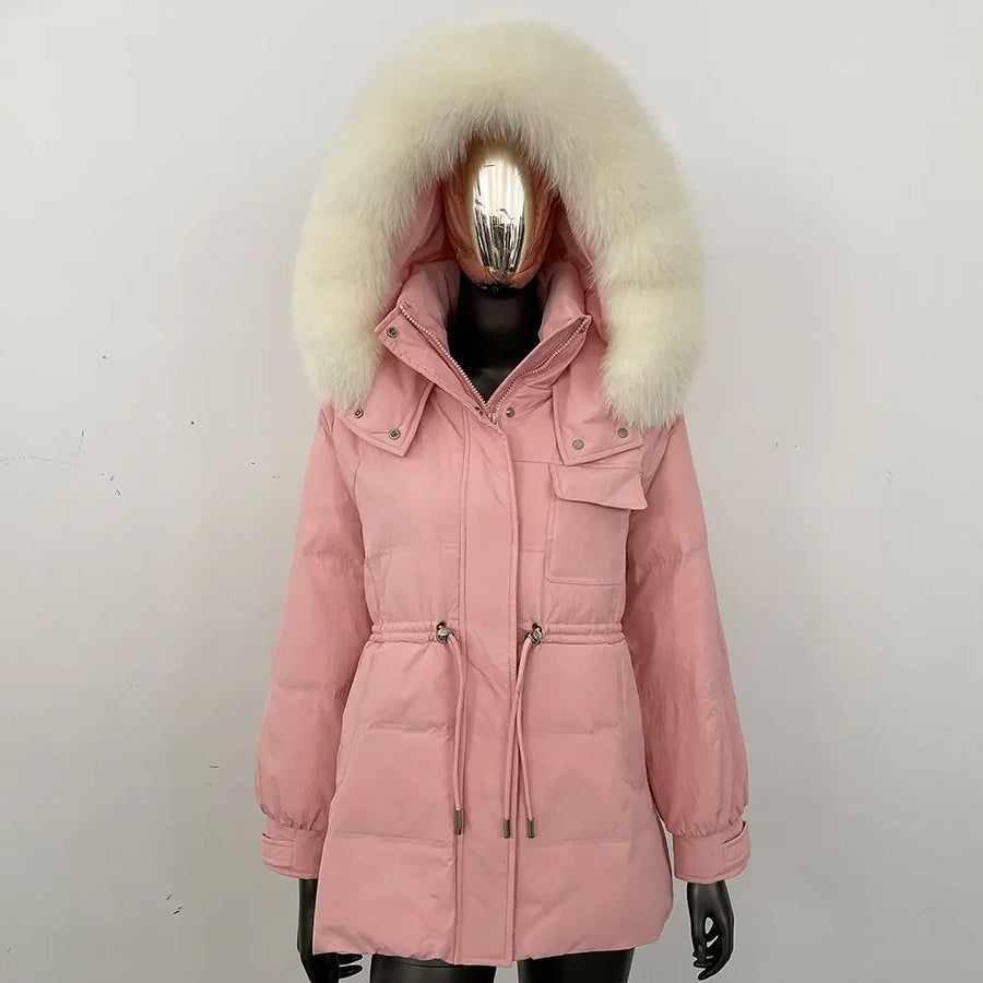 Damen Winterjacke Parka mit Kapuze Kunstfellbesatz Tunnelzug Creme