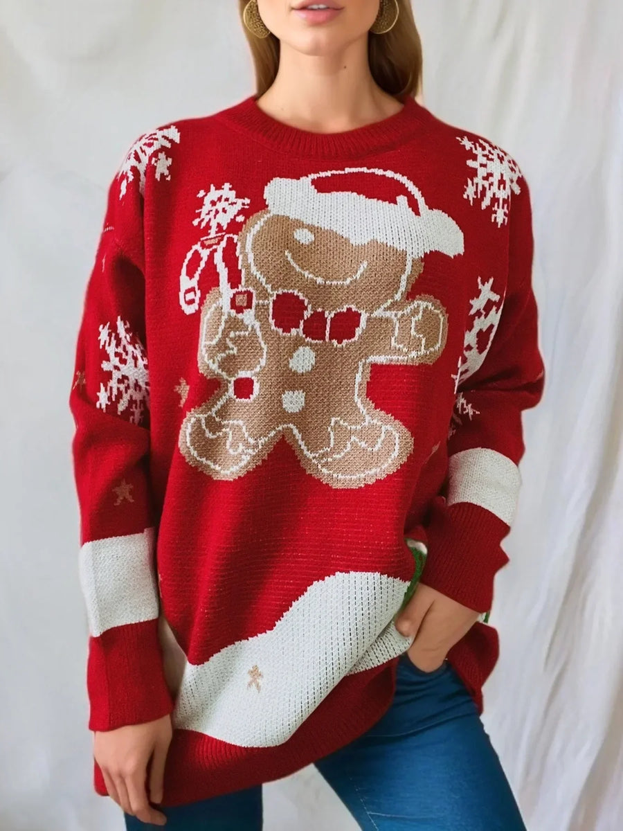Kerstpullover met peperkoekmannetje, ronde hals en lange mouwen