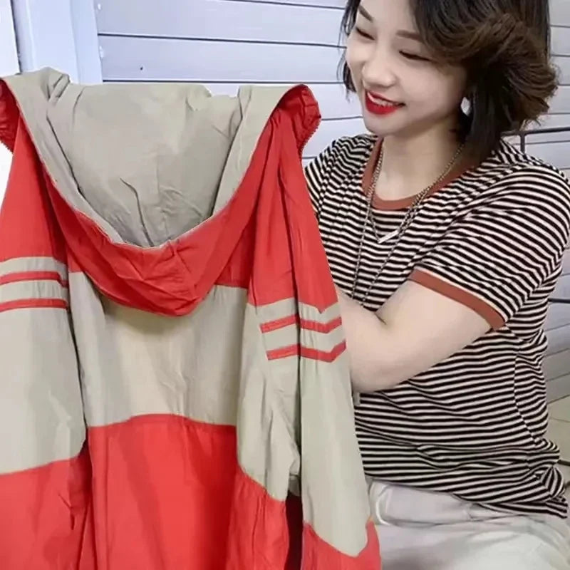 Leichte Kapuzenjacke Zweifarbig Windjacke Damen