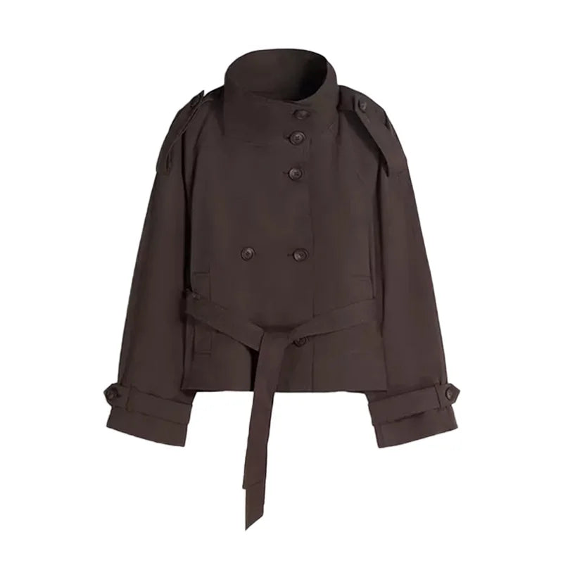 Damen Kurzjacke Stehkragen Gürtel Doppelreiher – Elegante Übergangsjacke