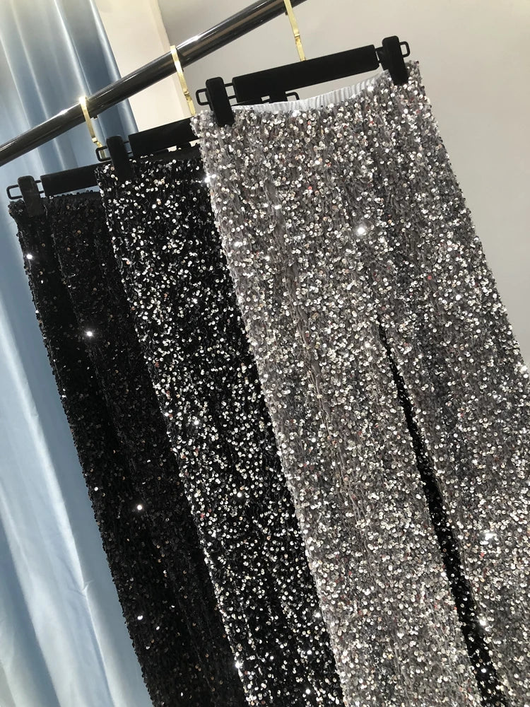 Damesbroek met wijde pijpen, glitter en pailletten, feestelijk en geschikt voor feestjes, hoge taille